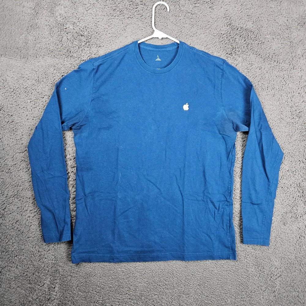 Apple Mens Large Long Sleeve T-Shirt Blue Cotton Crew Neck Tech‎ Logo Shirt